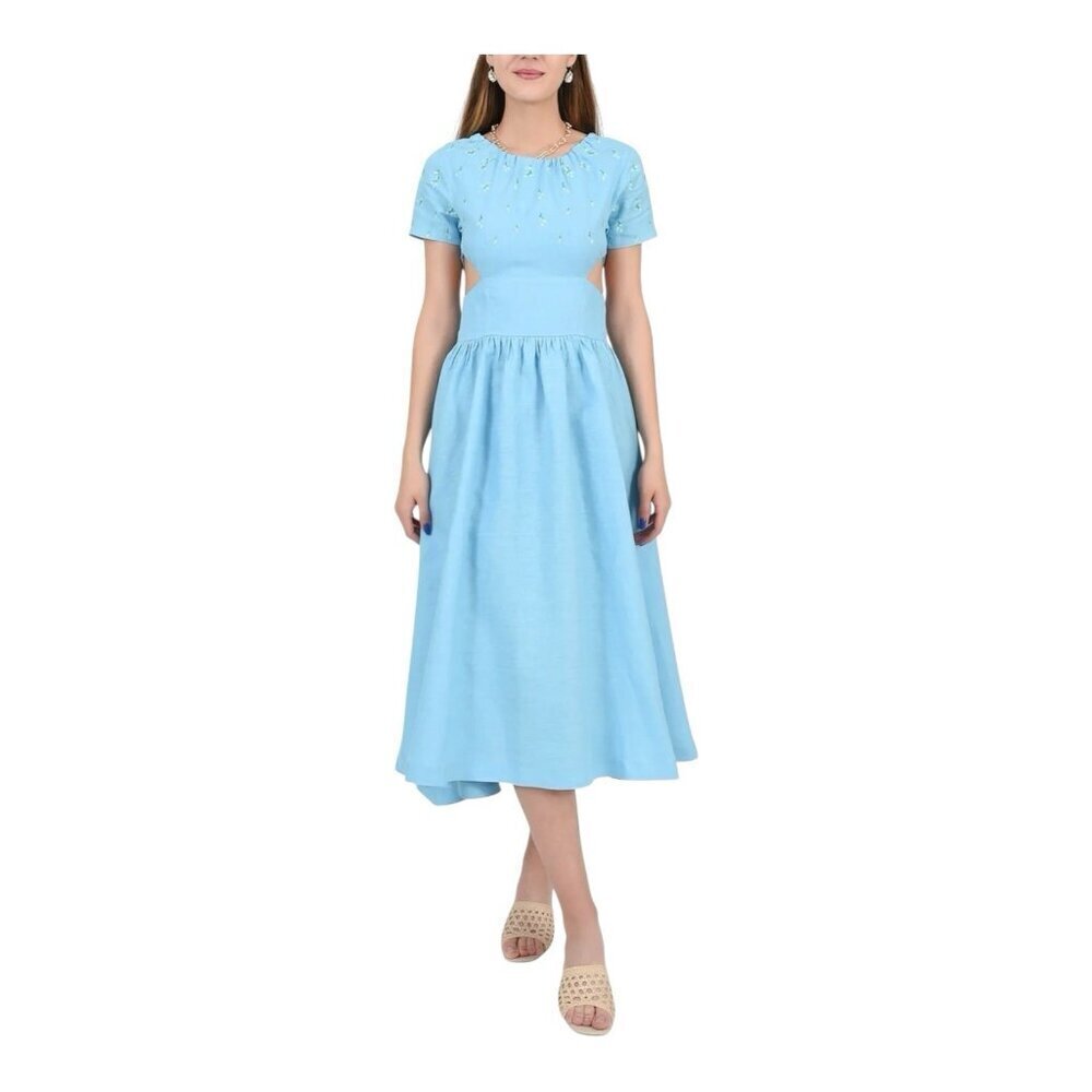 Fanm Mon Tucce Linen Midi Dress Small Baltic Sea Blue Open Sides Keyhole Back